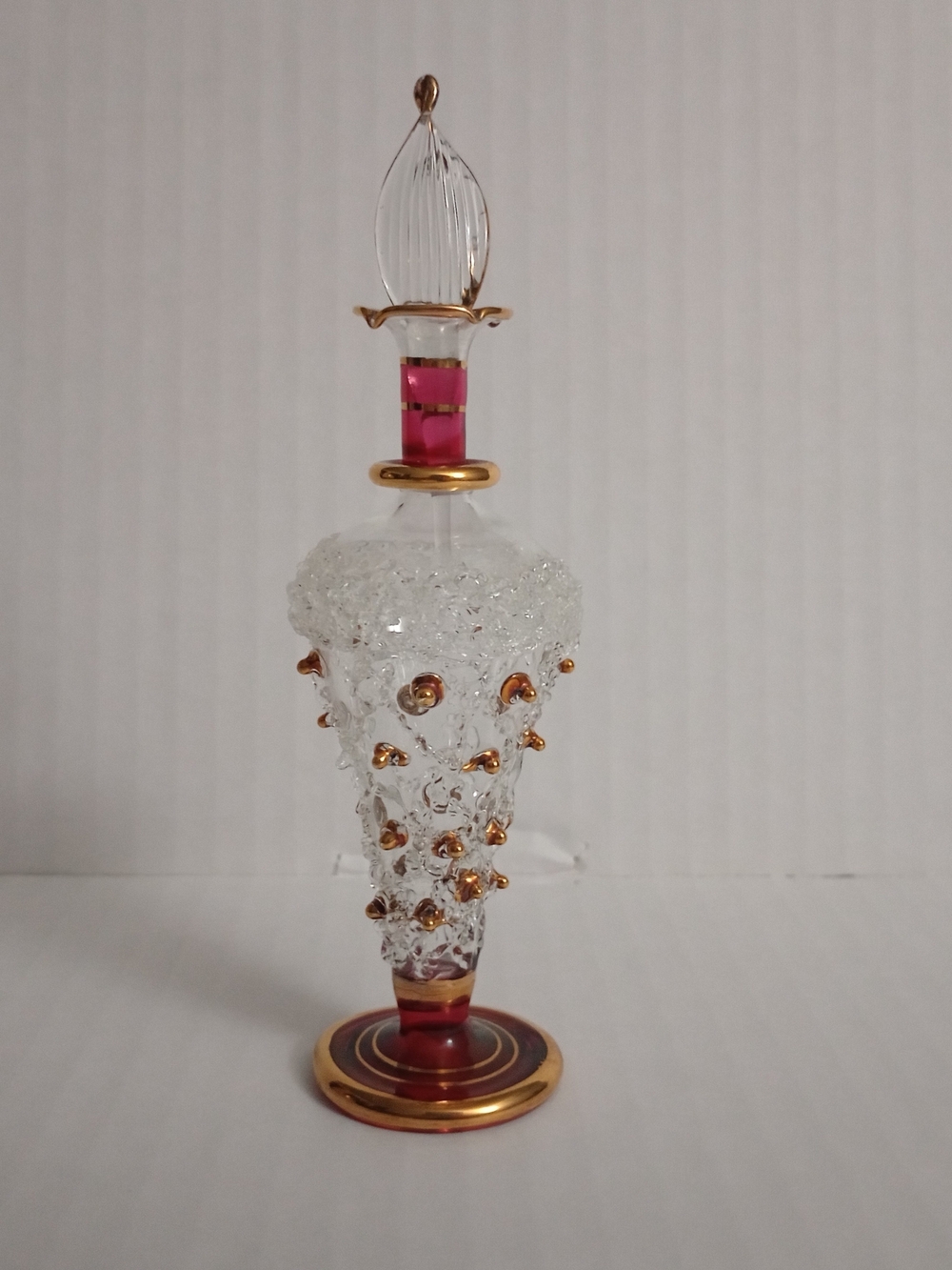 Egyptian Hand Blown Glass Perfume Bottle With Stopper 22k Gold Painted Trim 5.5"